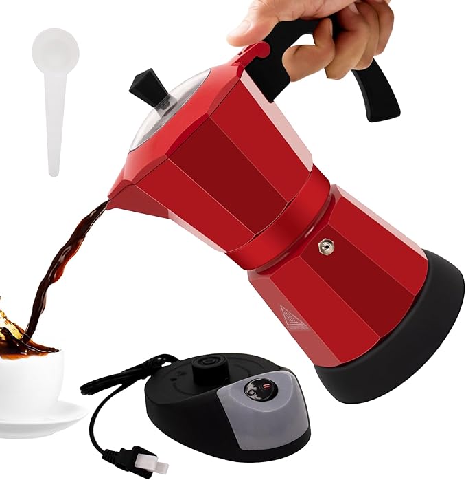 Electric Aluminum Moka Pot 5-6 Cup 270ml Espresso Maker with Detachable Base Ideal Coffee Makers for Home MochaPot Italian and Cuban Café Coffeemaker Espressomaker CoffeePot Red