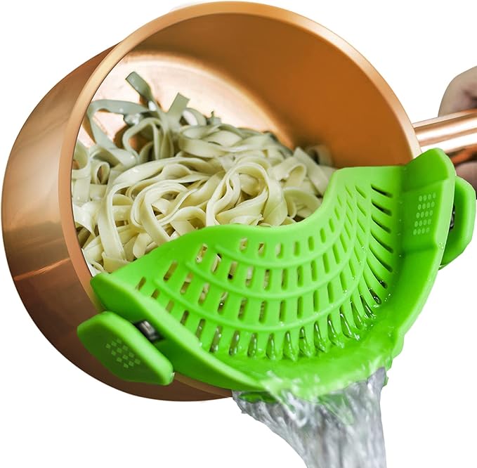 Clip On Strainer Silicone Pots and Pans, AUOON Pasta Strainer Clip on Food Strainer for Meat Vegetables Fruit Silicone Kitchen Colander, Green