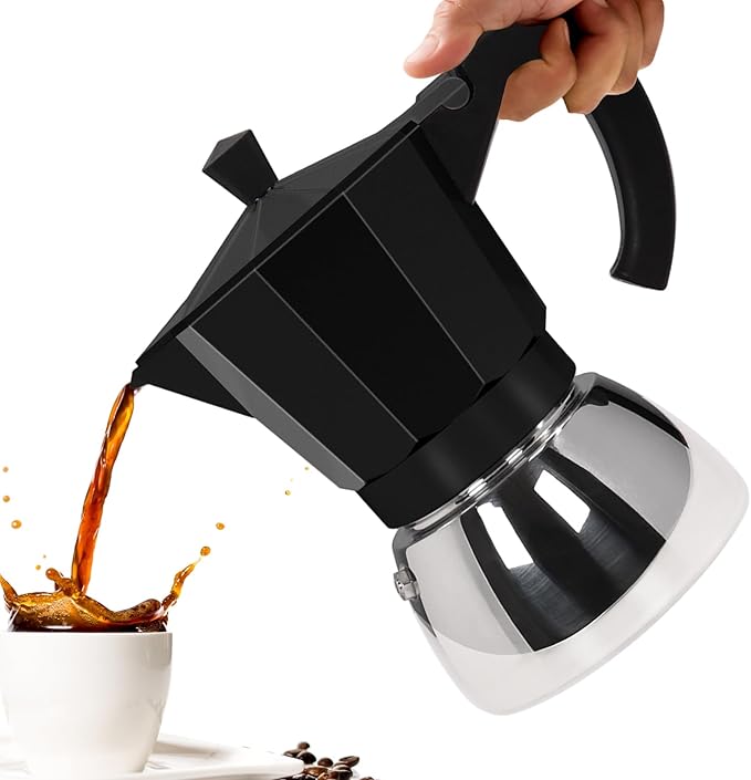 No Coating 6 Cup Aluminum and Stainless Steel Moka Pot Stovetop Espresso Maker Italian Coffee Machine 350ml 11.84oz Suitable for Gas Induction Stovetop Greca Coffee Maker Percolator Black
