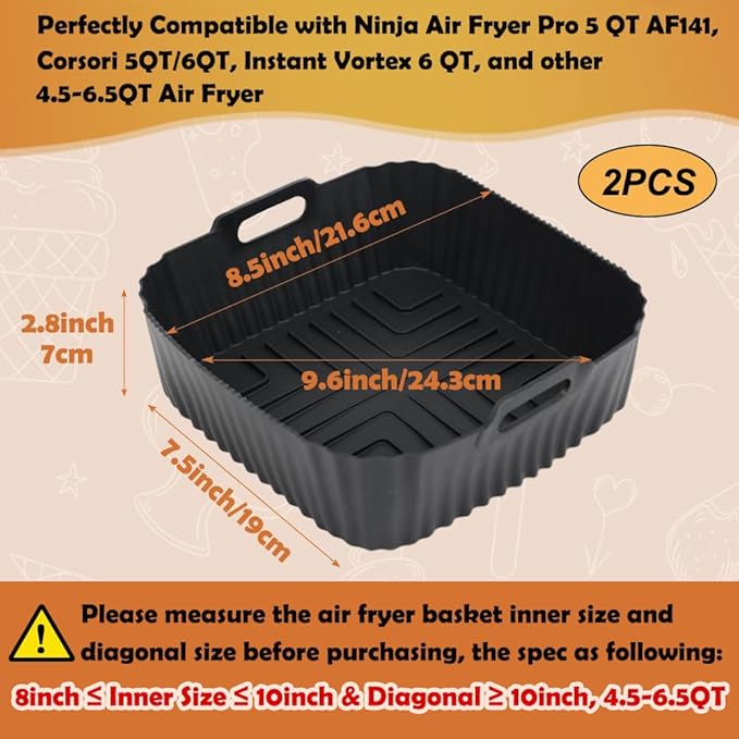 BYKITCHEN Air Fryer Silicone Liners for Ninja Air Fryer Pro 5 QT AF141, Ninja AG301, Cosori 5QT/6QT & Other 4.5-6.5 QT Airfryer, 8.5in Square Air Fry Liners, Airfryer Accessories(Set of 2)