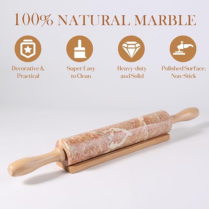 Koville Marble Rolling Pin, Non-Stick Polished Dough Roller, Pasta, Dumpling, Ravioli, Fondant,Pie Crust, Kitchen Baking Pastry Tools Red Marble