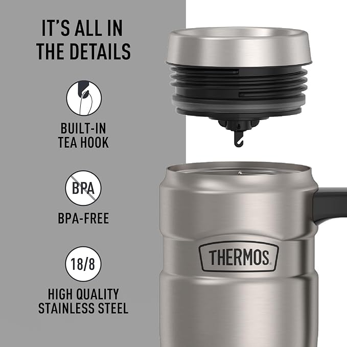 THERMOS Stainless King Vacuum-Insulated Travel Mug with Handle - 16oz, Matte Steel - Thermos Tumbler for Hot & Cold Drinks - Leak-Proof & Sweat-Proof Stainless Steel Coffee Mug with Lid for Commuting