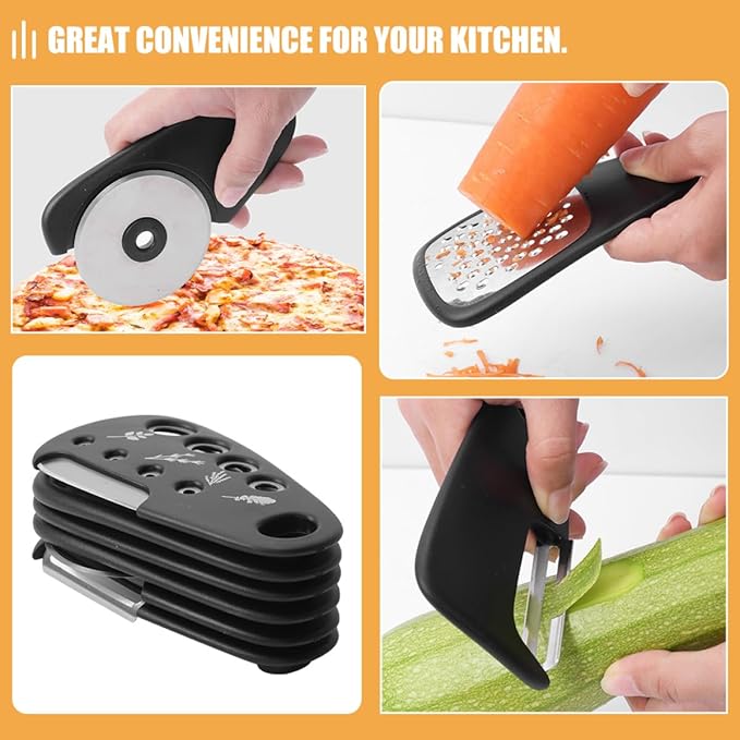Kitchen Tool Set with Bottle Opener, Vegetable Peeler, Hand Grater, and Pizza Cutter Multi-use Kitchen Gadget for Food Preparation and Home Cooking