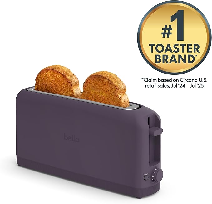 bella 2 Slice Slim Toaster, Fits-anywhere™ Kitchenware, 6 Setting Shade Control with Reheat & Cancel Buttons, Fits sourdough, 10” Long Slot, Anti Jam & Auto Shutoff, 900 Watt, Plum