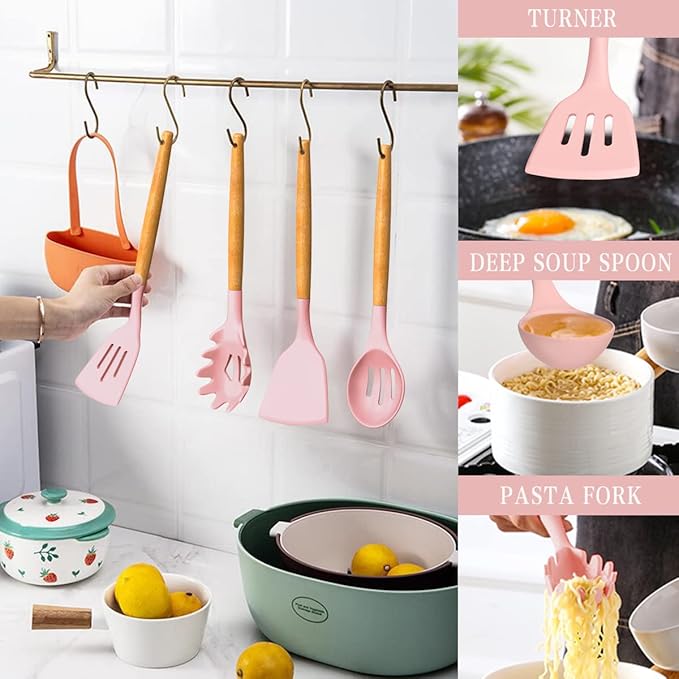 Umite Chef Silicone Kitchen Utensils Set, 33 Piece Non-Stick Kitchen Utensils with Stand, Wooden Handle, Pink