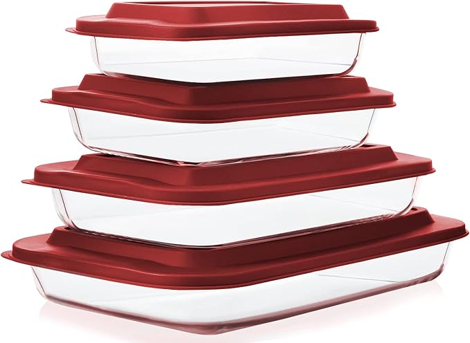 8-Piece Deep Glass Baking Dish Set with Plastic lids,Rectangular Glass Bakeware Set with Lids, Baking Pans for Lasagna, Leftovers, Cooking, Kitchen, Freezer-to-Oven and Dishwasher, Red