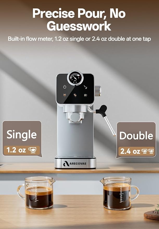 Arecovas Espresso Machine with Milk Frother, 20 Bar Compact Coffee Machine with Touch Screen & 41oz Water Tank for Home Use, Stainless Steel Espresso Coffee Maker for Americano, Cappuccino, Latte