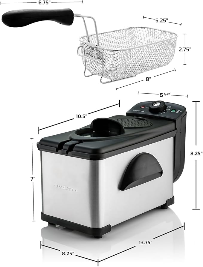 OVENTE Electric Deep Fryer 2 Liter Capacity, 1500 Watt Lid with Viewing Window and Odor Filter, Adjustable Temperature, Removable Frying Basket and Easy to Clean Stainless Steel Body, Silver FDM2201BR