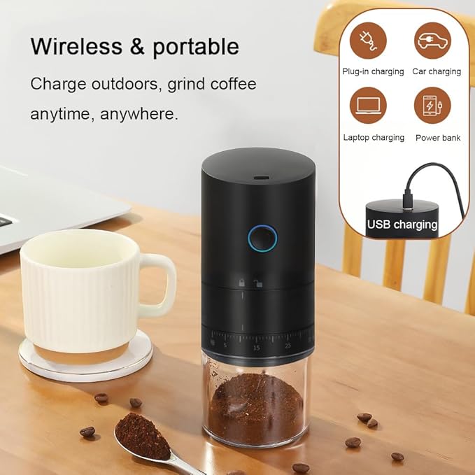 Portable Electric Burr Coffee Grinder with 38 Adjustable Grind Settings - USB Rechargeable Ceramic Core Conical Burr, Coffee Bean Grinder for Espresso, French Press, Travel, Camping, Home & Office Use
