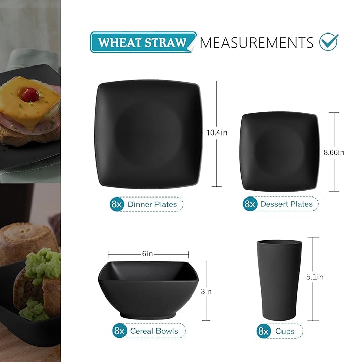 Teivio 32-piece Plastic Wheat Straw Square Dinnerware Set for 8, Unbreakable Dinner Plates, Salad Plates, Snack Bowls, Tumblers, Dishwasher Safe, Black