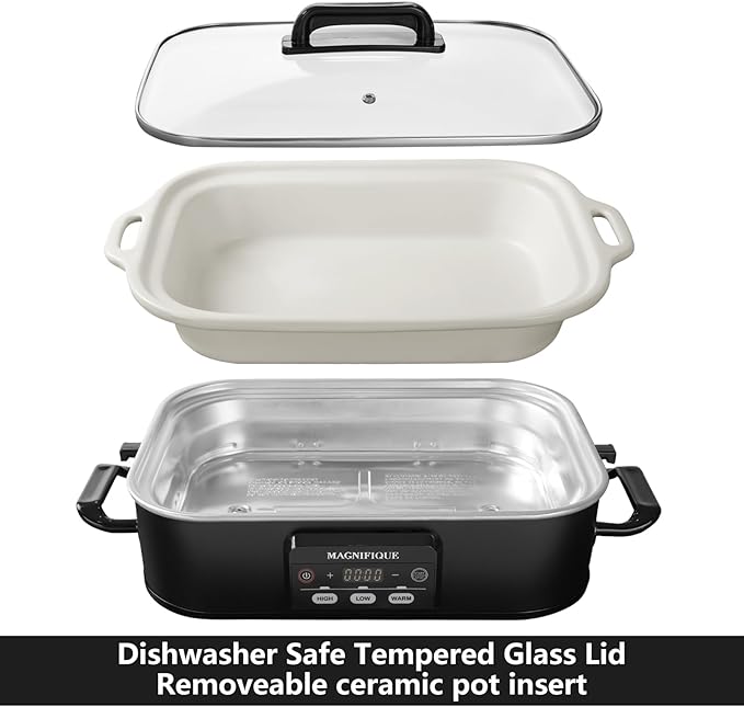 MAGNIFIQUE Small 4 Quart Casserole Programmable Slow Cooker with Ceramic Baking Dish - Perfect Kitchen Small Appliance for Family Dinners, Oven Safe and Durable Bakeware for Lasagna, Roasts