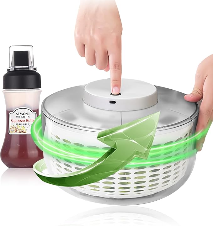 Electric Salad Spinner,6L Large Capacity Automatic Vegetables Fruit Washer Dryer Drainer Strainer,USB Charge Lettuce Spinner Cleaner with 350 ml Squeeze Bottle for Home Kitchen