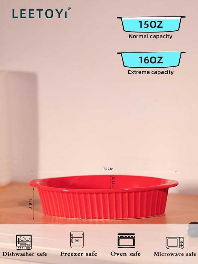 LEETOYI Porcelain Small Oval Au Gratin Pans, Baking Dish Set for 1 or 2 person servings, Bakeware with Double Handle for Kitchen and Home, Set of 2 (Red)