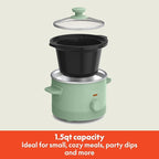 bella 1.5 Qt Slow Cooker with 3 Heat Manual Control, Ceramic Nonstick Coating, Dishwasher Safe Stoneware Pot and Tempered Glass Lid, Tangle Free Cord Wrap & Cool Touch Handles, Seaglass