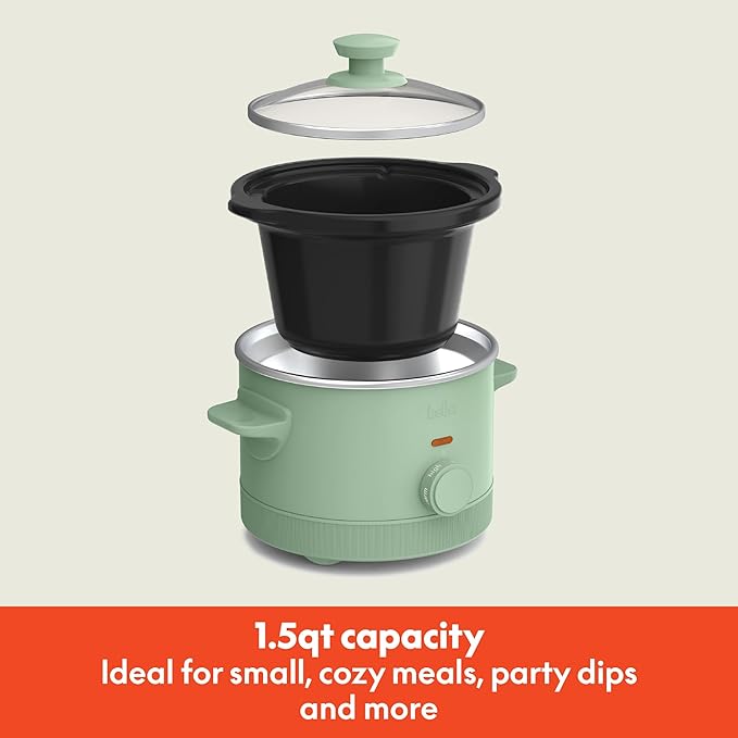 bella 1.5 Qt Slow Cooker with 3 Heat Manual Control, Ceramic Nonstick Coating, Dishwasher Safe Stoneware Pot and Tempered Glass Lid, Tangle Free Cord Wrap & Cool Touch Handles, Seaglass