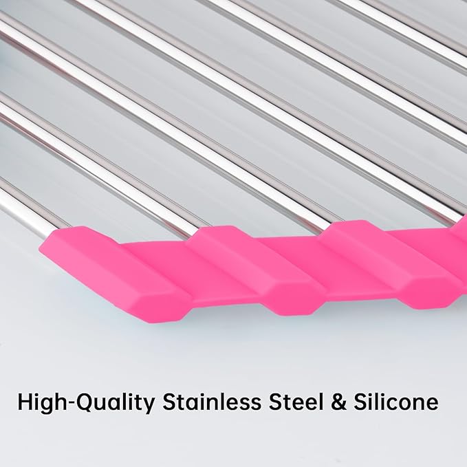 Tomorotec Triangle Roll-Up Dish Drying Rack for Sink Corner - Small, Foldable, Stainless Steel, Multipurpose Kitchen Drainer Caddy, Trivet, Rustproof Organizer, Storage Shelf (Rose)