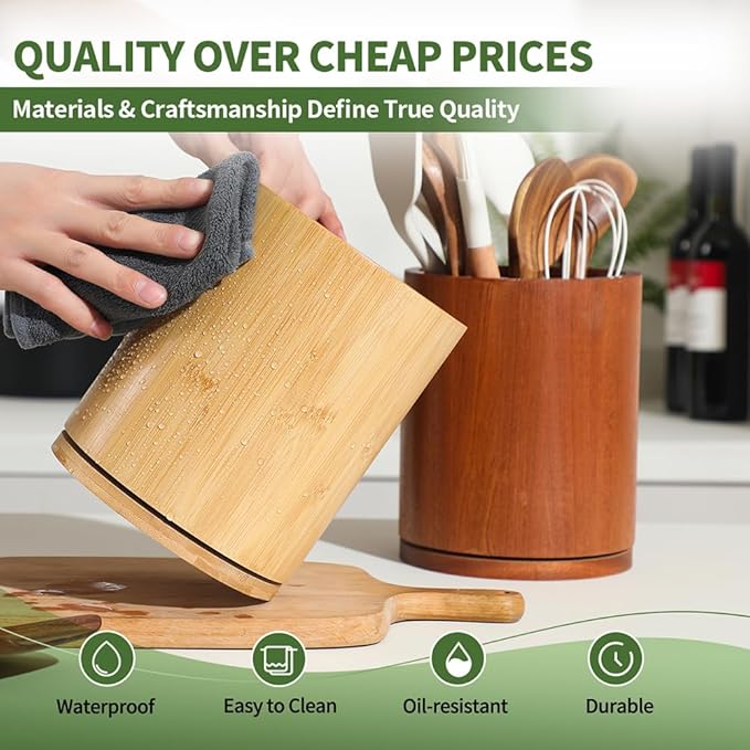 Wooden Utensil Holder, 360°Rotating 7.3'' Large Utensil Holder for Kitchen Counter, Kitchen Utensil Organizer, Utensil Crock, Farmhouse Kitchens Countertop Decor, Bamboo Wood