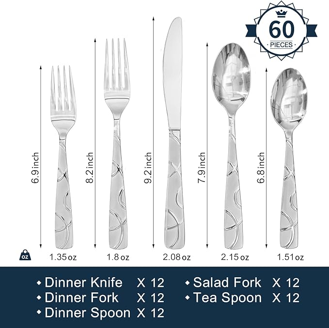 HIKAA 60PCS Stainless Steel Silverware Set, Modern Flatware Set for Kitchen, Mirror Polished Cutlery Set with Forks, Spoons and Knives，Dishwasher Safe