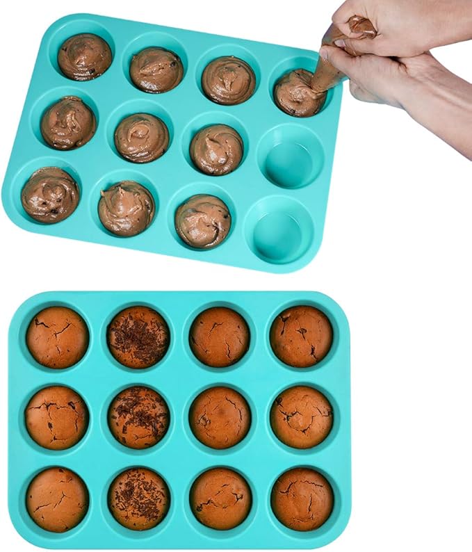 CAKETIME Silicone Muffin Pan Set, Cupcake Pans 12 Cups Silicone Baking Molds, Food Grade, Pinch Test Approved, Pack of 2
