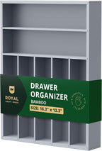 ROYAL CRAFT WOOD Luxury Bamboo Kitchen Drawer Organizer - Silverware Organizer - Utensil Holder and Cutlery Tray with Grooved Drawer Dividers for Flatware and Kitchen Utensils (7 Slot, Gray)