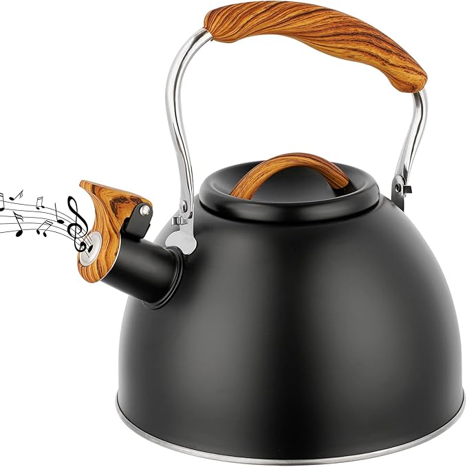 Tea Kettle -3.0 Quart Whistling Tea Kettle for Stove Top Stainless Steel Tea Pot Stovetop Food Grade Water Kettle with Wood Pattern Handle for Coffee/Tea/Milk Kettle Pot -Black