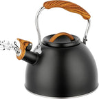 Tea Kettle -3.0 Quart Whistling Tea Kettle for Stove Top Stainless Steel Tea Pot Stovetop Food Grade Water Kettle with Wood Pattern Handle for Coffee/Tea/Milk Kettle Pot -Black