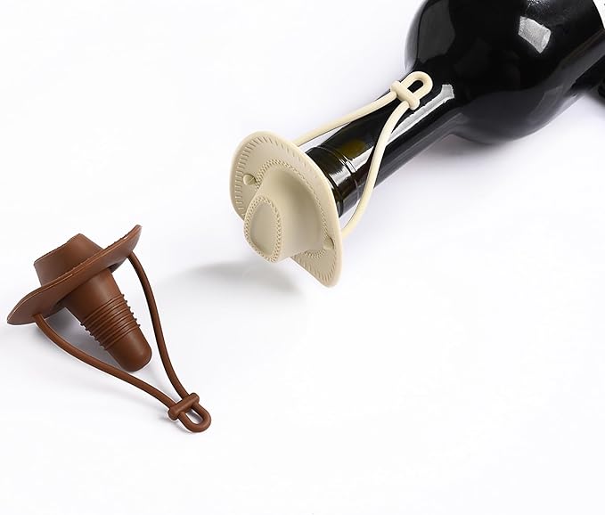 Silicone Wine Stopper Cute Wine Accessories Reusable Sealing plug Fun Cowboy Hat bottle Seals keep wine fresh Gifts for Wine Collector replacement Corks (Brown)