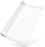 MERRYBOX Roll Up Over The Sink Dish Drying Rack Silicone Wrapped Foldable, Heat-Resistant, Anti-Slip Sink Rack Multipurpose Dish Drainer for Kitchen Sink Counter - White, 17.5" x 11"