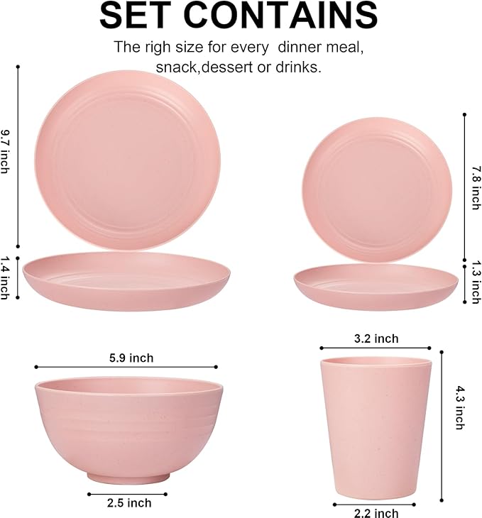 Rubtlamp 16Pcs Plastic Wheat Straw Dinnerware Set, Reusable Plastic Plate Set for 4, Kitchen Plates And Bowls Set (Pink) Include Dinner Platos, Dessert Platos, Cereal Bowls, Cups for Daily, Camping