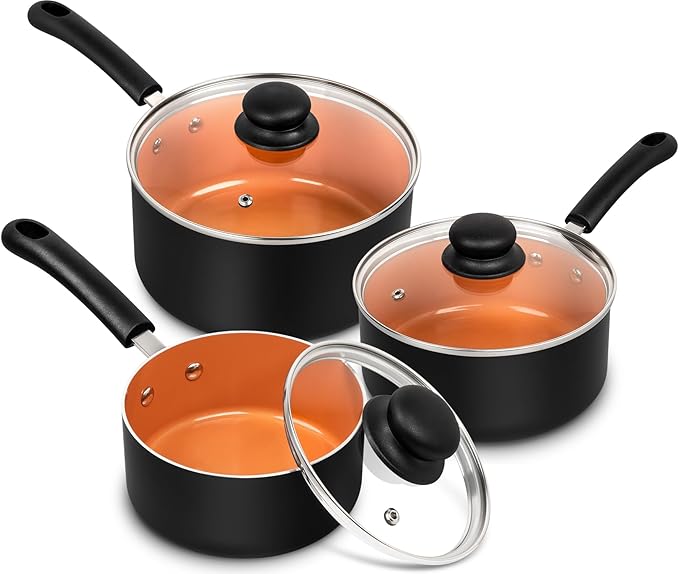 MICHELANGELO Ceramic Saucepan Set 1.5QT & 2QT & 3QT Nonstick Sauce Pans, PFAS-FREE Saucepan with Lid, Copper Saucepans Set of 3, Multipurpose Small Sauce Pot, Non Stick Sauce Pots, Dishwasher Safe