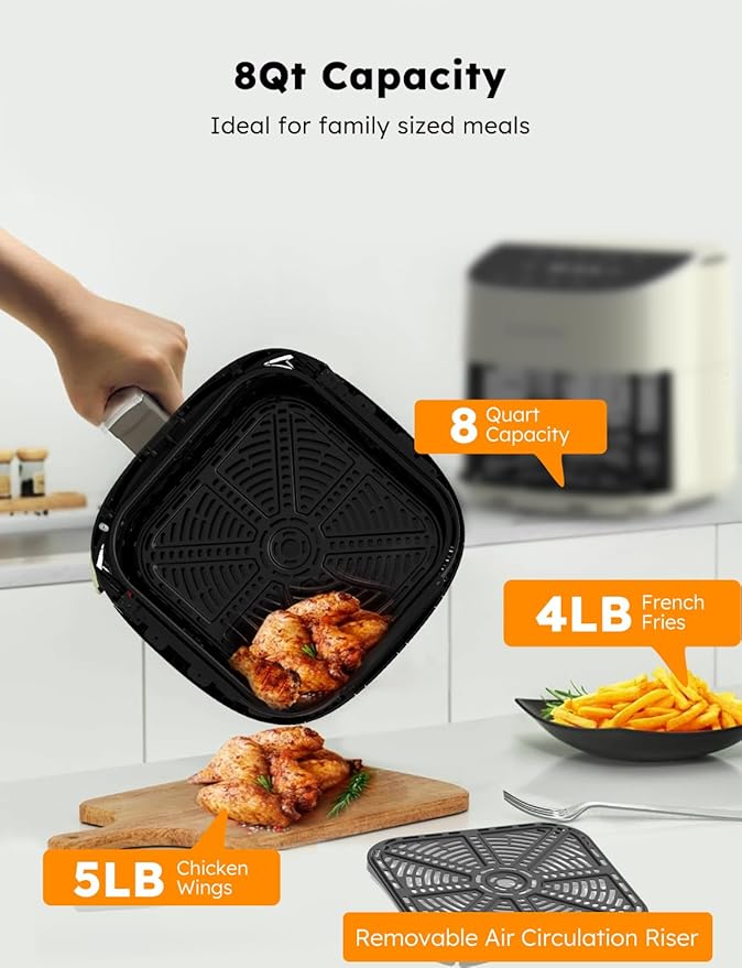 Nuwave Brio Plus 8 Qt Air Fryer, PFAS Free, New & Improved, Digital Touch Screen, Cool White Display, 50°F~400°F in Precise 5°, 5 Cook Functions, 100 Presets & 50 Memory, 3 Wattages 700, 1500, 1800