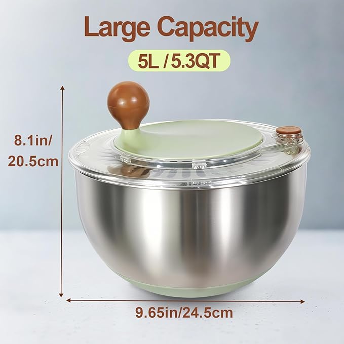 5.3Qt Stainless Steel Salad Spinner, Salad Spinner Stainless Steel With Stop Button & Drain Hole, Non-Slip Base, Vegetable Spinner Dryer, Dishwasher Safe For Kitchen