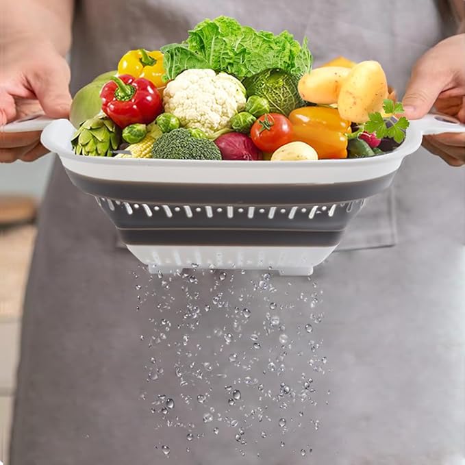 Collapsible Colander Set, Square Round Triangles Silicone Kitchen Strainer Perfect for Draining Pasta Vegetable fruit 2 PCS (10.8"L x 8.6"W x 2"H, Blue & Gray)