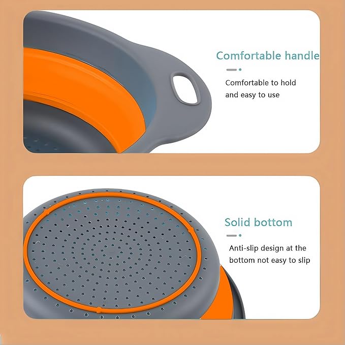 Silicone Colander Collapsible Strainers Set for Kitchen- 2 Pack (3Qt, 4Qt) -Over Home Draining Basket, Food Vegetables & Fruits-Dishwasher Safe, Space Saving Design (Orange)