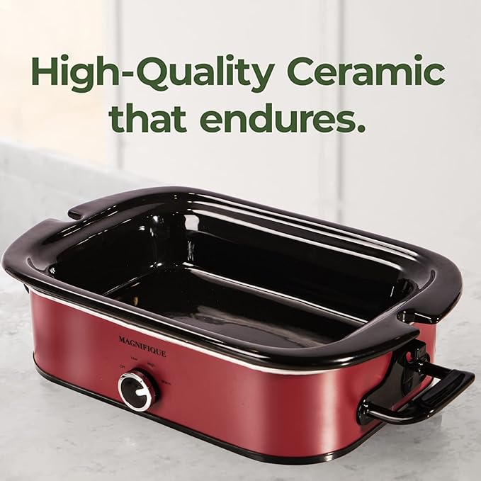 Magnifique 4-Quart Slow Cooker with Casserole Manual Warm Setting - Perfect Kitchen Small Appliance for Family Dinners, Dishwasher Safe Crock, Red