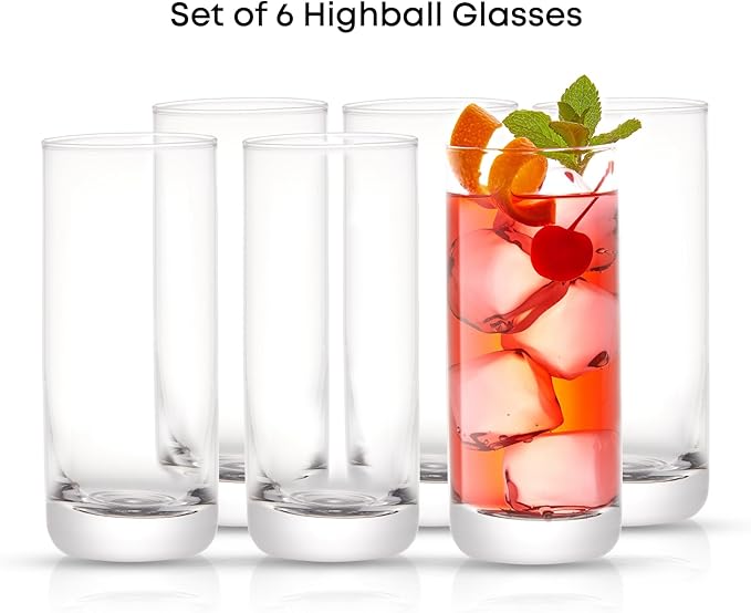 JoyJolt Faye 13oz Highball Glasses, 6pc Tall Glass Sets. Lead-Free Crystal Drinking Glasses. Water Glasses, Mojito Glass Cups, Tom Collins Bar Glassware, and Mixed Drink Cocktail Glass Set