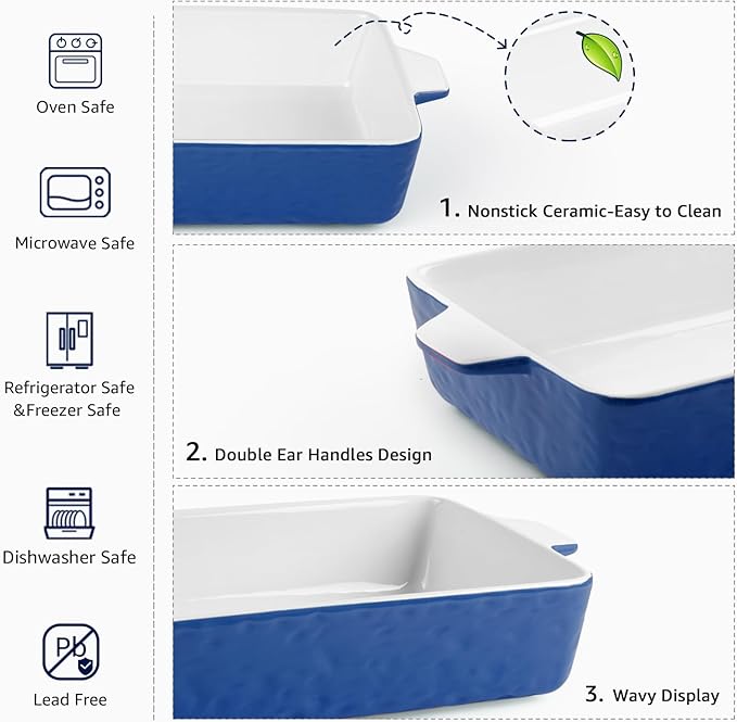 4 QT Baking Dish, Casserole Dishes for Oven, 9x13 Baking Pan with Handles, Lasagna Pan Deep, Ceramic Casserole Dish Oven Safe for Baking, Lasagna, Kitchen, Wedding Gift (Dark Blue)