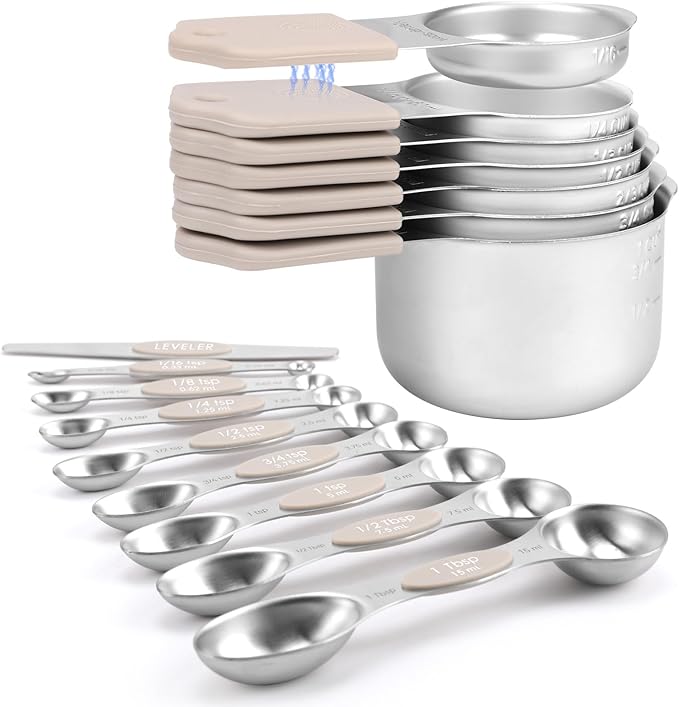Magnetic Measuring Cups and Spoons Set-Heavy Duty 304 Stainless Steel，Double Measurement Markings，Set of 16 with Leveler for Measure Dry and Liquid Ingredients (khaki)