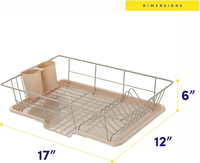 Sweet Home Collection Space-Saving 3-Piece Dish Drainer Rack Set: Efficient Kitchen Organizer for Quick Drying and Storage - Includes Cutlery Holder and Drainboard - Maximize Countertop Space, Beige
