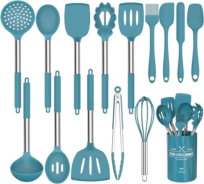 15 Pcs Silicone Cooking Utensils Kitchen Utensil Set - Umite Chef 446°F Heat Resistant Stainless Steel Handles Kitchen Gadgets Tools Set for Nonstick Cookware(Blue)