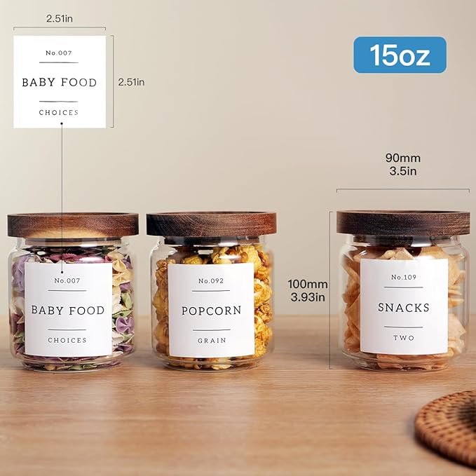 6 Set Glass Pantry Storage Jars with Acacia Airtight Lid - 15oz Thicken Glass Kitchen Canisters with 132 Pantry Labels - Clear Glass Food Storage Containers with Wood Lid for Tea,Sugar,Spice,herbs