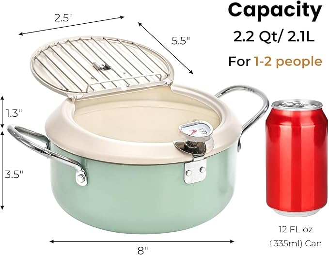 ZOOFOX Deep Fryer Pot with Thermometer, Japanese Frying Pot with Lid and Oil Drain Rack, Non-stick Tempura Fryer Pan for Kitchen French Fries, Chicken, Seafood