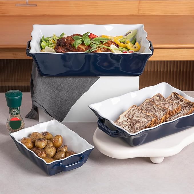 Sweejar Casserole Dishes for Oven, Ceramic Bakeware Set of 3, Rectangular Baking dish with Handles, Wave Edge Lasagna Pan Deep for Cooking, Cake, Dinner, Banquet and Daily Use (Navy)
