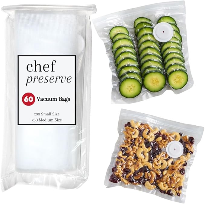 Chef Preserve Reusable Vacuum Sealer Bags for Food – 60 BPA-Free Food Storage Bags, Freezer, Microwave – Odor-Resistant, Leak-Proof – Compatible with Chef Preserve Vacuum Sealers