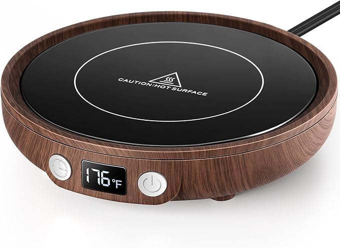 SWEETFULL Mug Warmer - Upgraded 36W Coffee Cup Warmer for Desk with 130℉-176℉ Digital Display, 2-12H Timer Auto Shut Off, Smart Electric Coffee Heating Plate, Ideal Gifts for Women Men - Wood