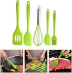 VANZACK 5pcs Silicone Kitchen Utensil Set with Egg Whisk, Brush, and Scrapers, Heat-resistant Cooking Tools for Baking and Food Preparation, Green