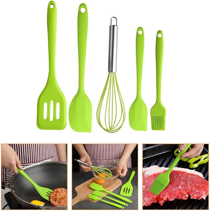 LIFKOME 5pcs Silicone Kitchen Utensil Set Green Including Egg Whisk, Shovel, Brush, and Scrapers for Baking and Cooking Tools