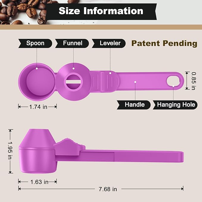 Coffee Scoop & Funnel for Reusable K Cup Refillable Coffee Pods, Coffee Measuring Spoon 2 Tablespoon Capacity, Scoop with Funnel for Ground Coffee, Protein Powder, Tea (Purple, 2 Pack)