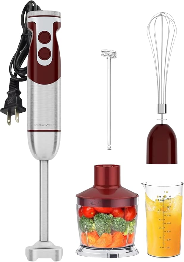 MegaWise 3-in-1 Hand Blender Set with Variable Speed Control, 400W Immersion Blender - Includes Whisk, Milk Frother, Chopper, and Beaker for Smoothies, Soups, and Baby Food (RED)