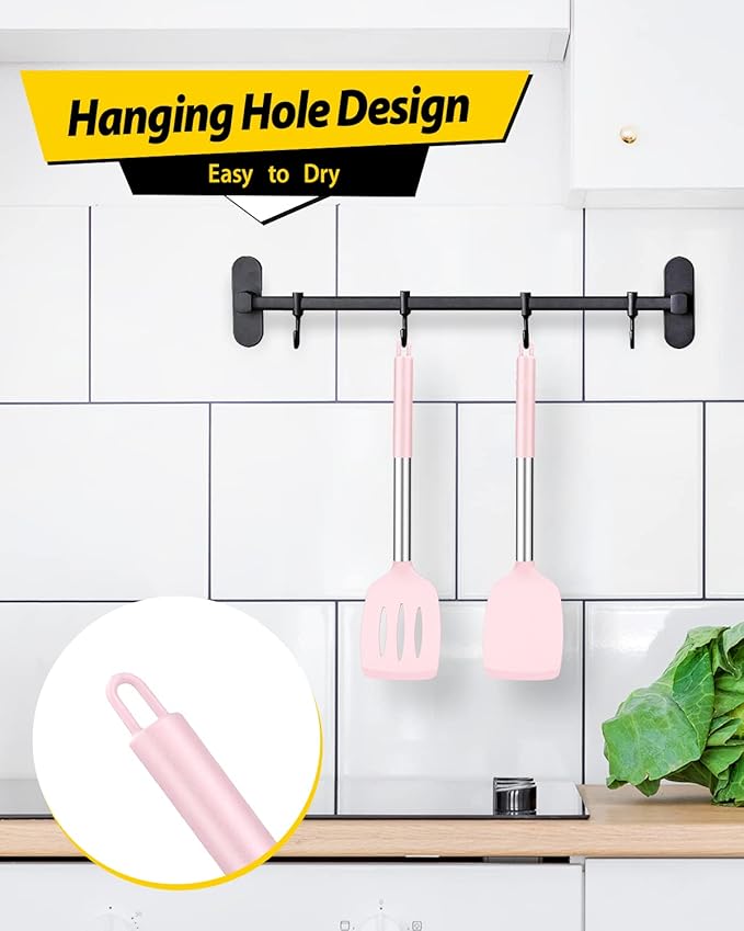Pack of 2 Silicone Solid Turner, Non Stick Slotted Kitchen Spatulas, High Heat Resistant BPA Free Cooking Utensils, Ideal Cookware for Fish, Eggs, Pancakes(Pink)